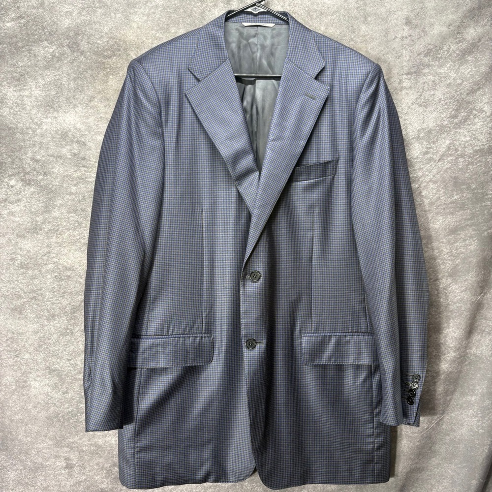 Canali Blue Micro Plaid Blazer Jacket Mens 54 IT 44 US Wool Surgeons Cuff Preppy